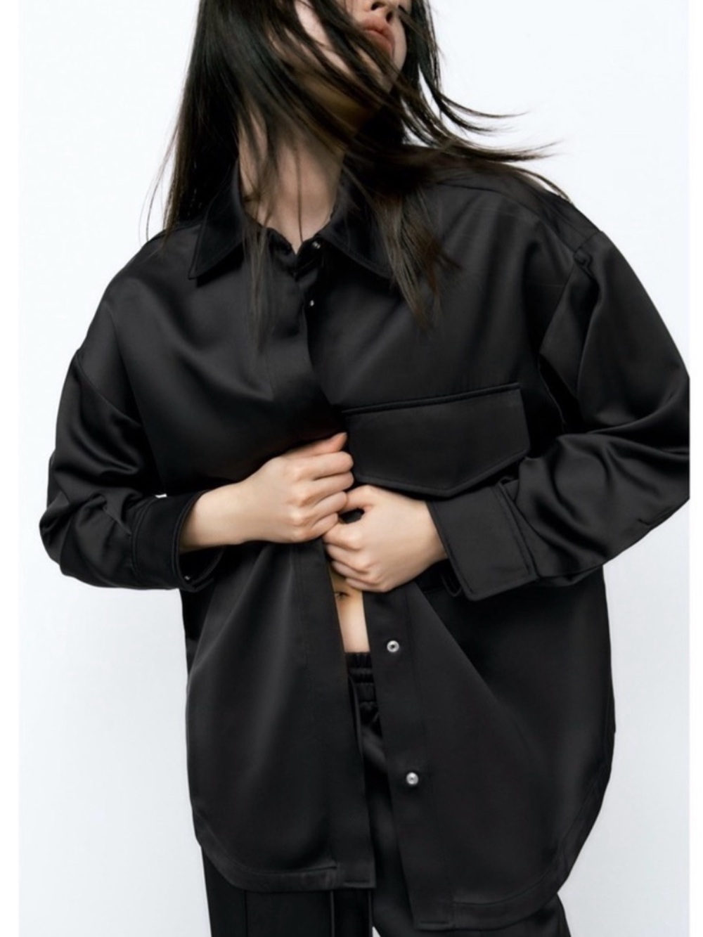 Zara Black Satin Effect Button-Up Overshirt